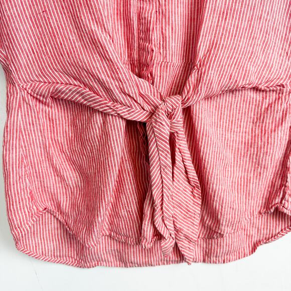 Lauren Ralph Lauren Womens 100% Linen Tie Front Button Up Shirt Red Stripe - L - Picture 3 of 8